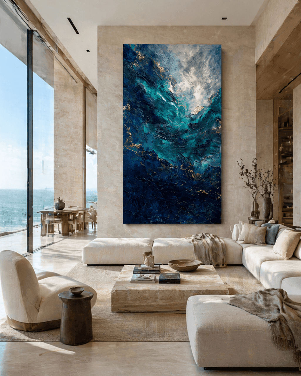 Modern living room with a large abstract painting on the wall, featuring blue and green colors.