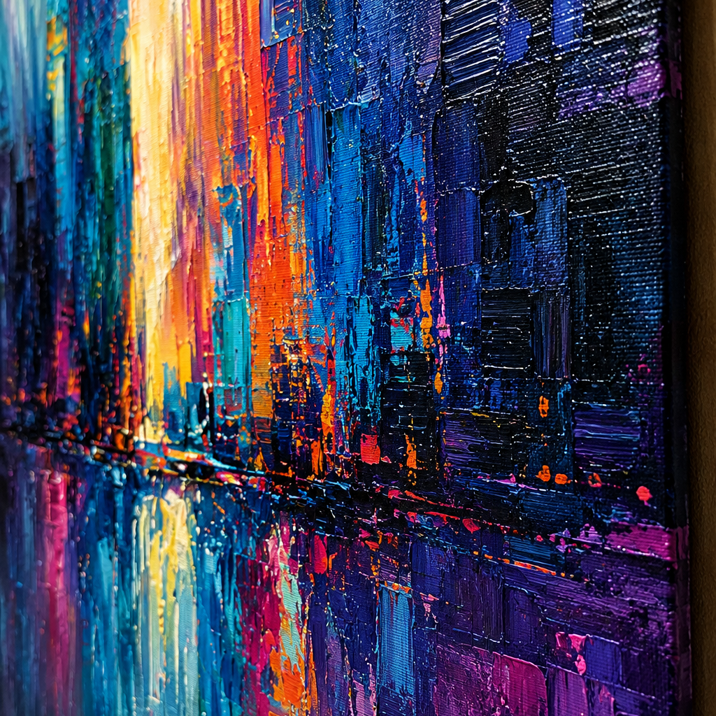 Abstract painting with vibrant colors and cityscape elements