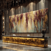 Modern interior with a decorative wall art piece and a reception desk.