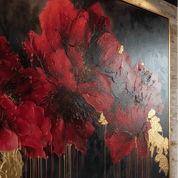 Abstract painting with red flowers and gold accents on a dark background