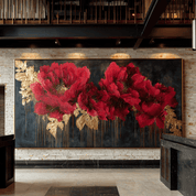 Large floral painting with red flowers and gold accents in a modern interior setting.
