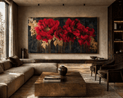 Modern living room with a large abstract painting of red and gold flowers on the wall.