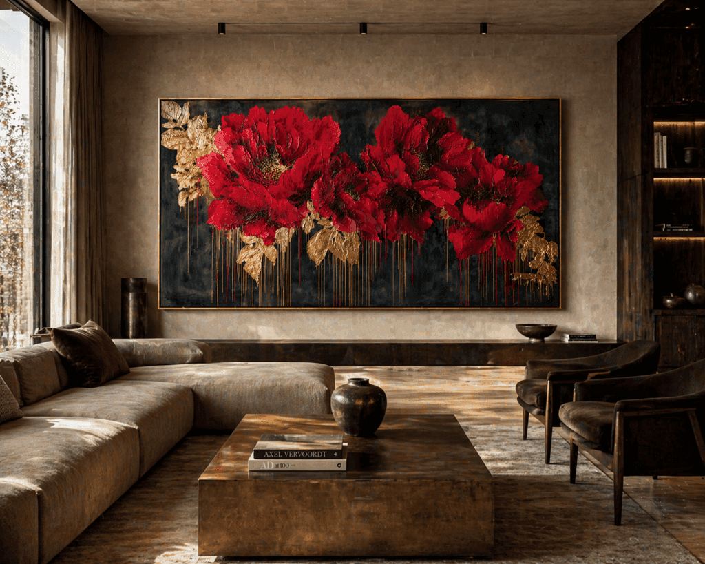 Modern living room with a large abstract painting of red and gold flowers on the wall.