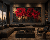 Modern living room with a large abstract painting of red flowers on a dark wall.