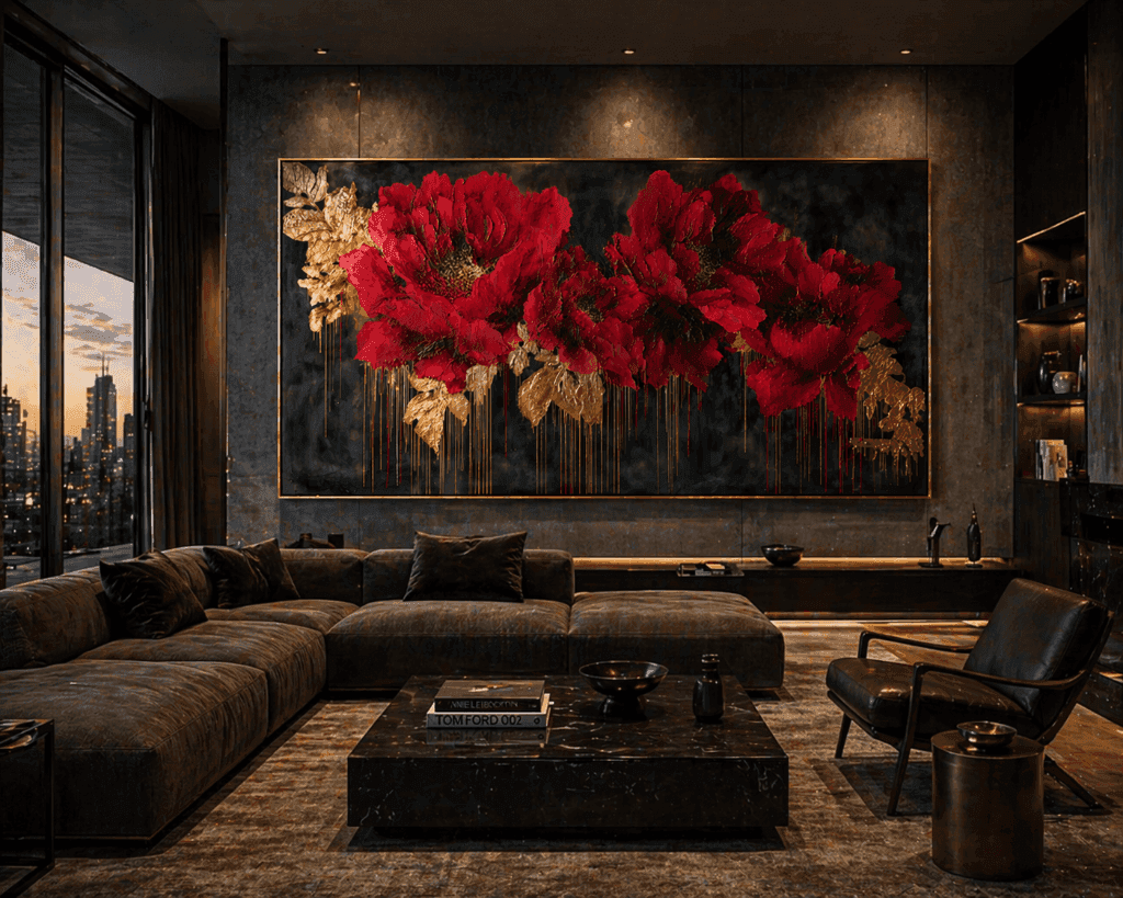 Modern living room with a large abstract painting of red flowers on a dark wall.