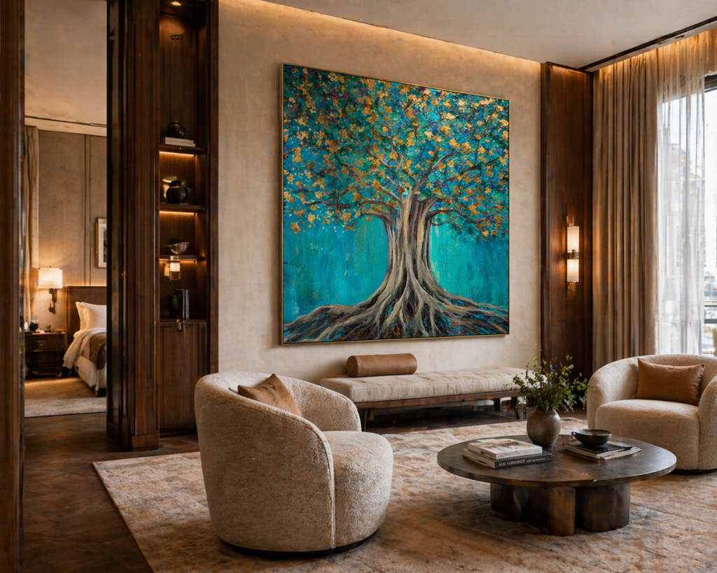 Modern living room with a large abstract painting of a tree on the wall.