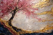Artistic depiction of a tree with pink blossoms on a textured background with gold and black accents.