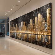 Large wall art of a city skyline at night in a modern interior setting.