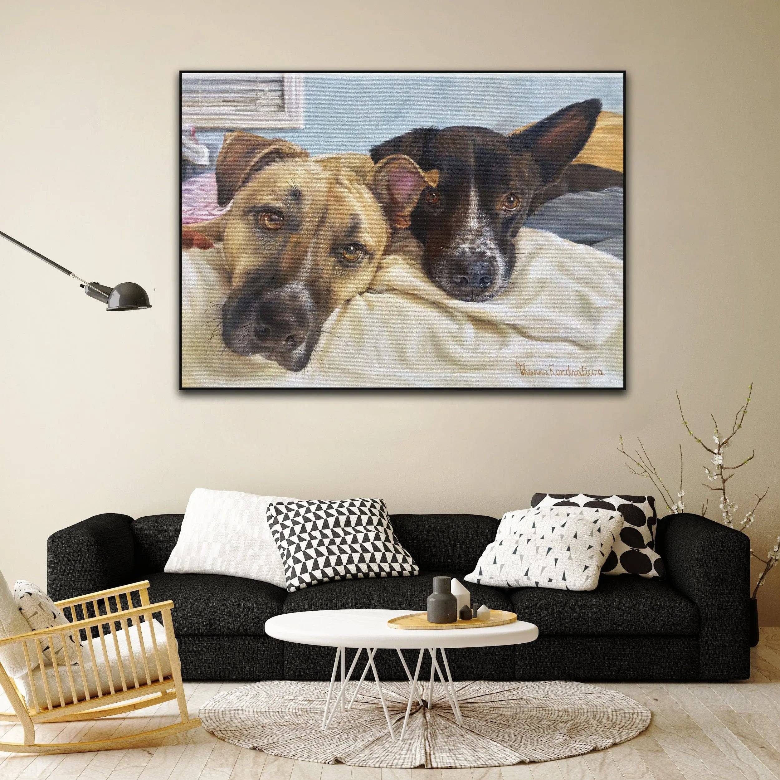 a painting of two dogs laying on a couch