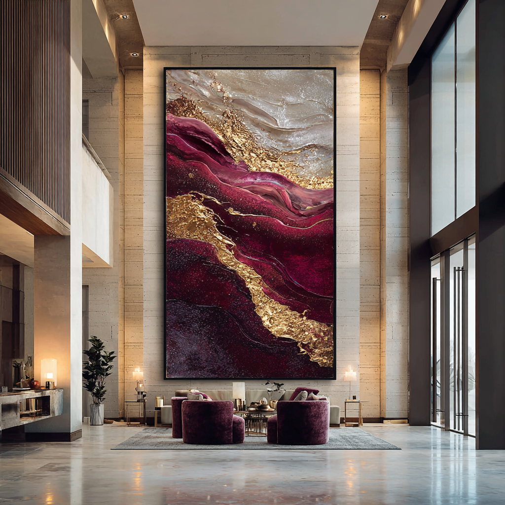 Luxurious interior with a large abstract painting in a high-end setting