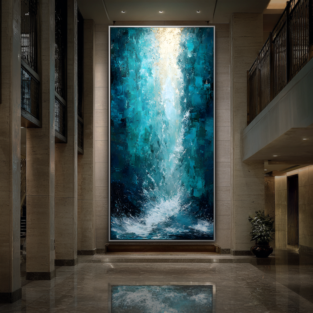 Large abstract painting of a waterfall in a modern hallway