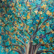 Artistic depiction of a tree with gold leaves against a blue background