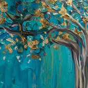Close-up of a painting with gold leaf and teal colors