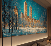 Framed artwork of a snowy cityscape with tall buildings in a room with a couch.