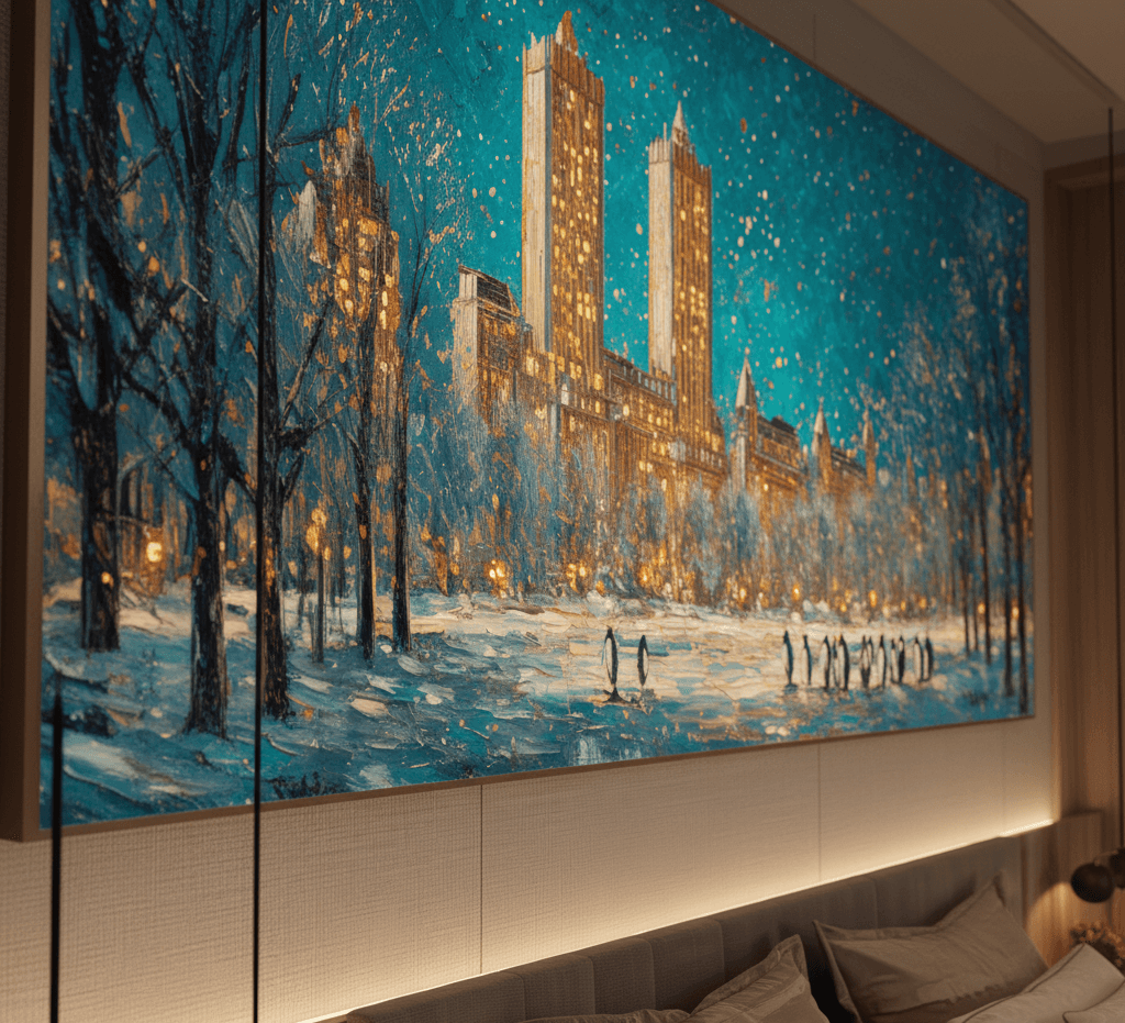 Framed artwork of a snowy cityscape with tall buildings in a room with a couch.