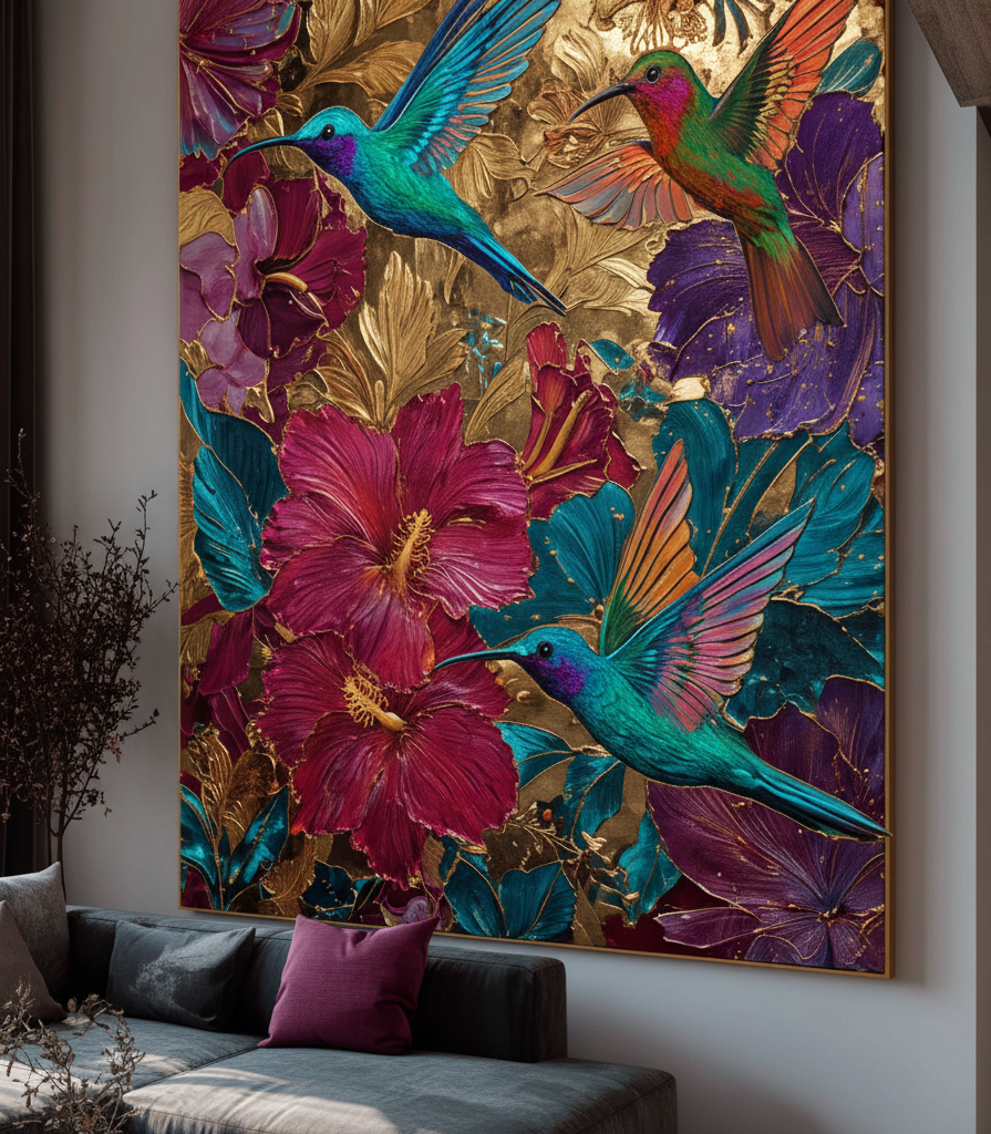 Colorful artwork of hummingbirds and flowers on a wall in a living room.
