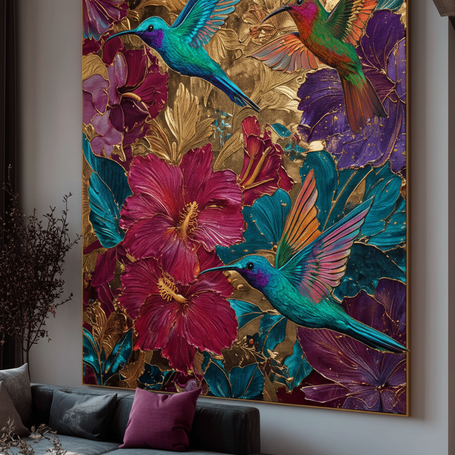 Colorful artwork of hummingbirds and flowers on a wall in a living room.