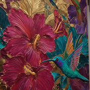 Colorful floral and hummingbird design with gold accents