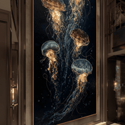 Framed artwork of jellyfish on a dark background in a modern interior setting.