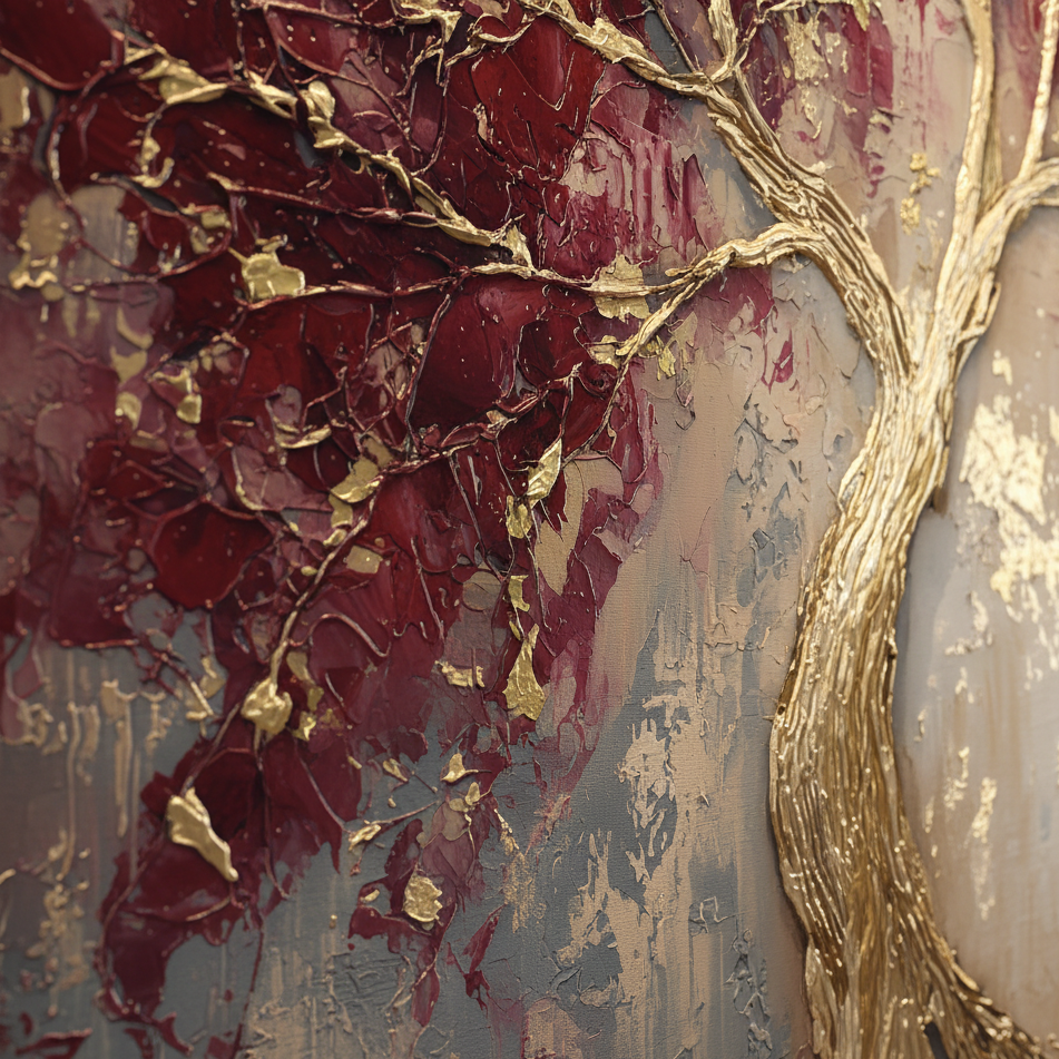 Abstract artwork with gold and red tree-like design on a textured background