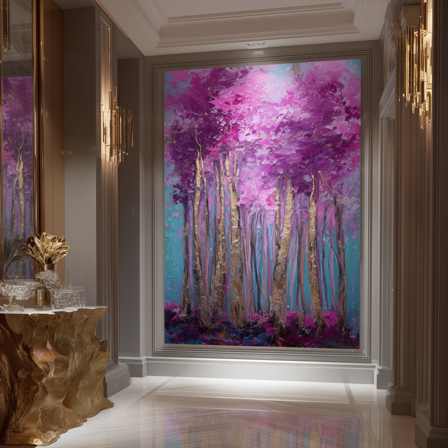 Decorative painting of a forest scene with purple and blue hues in a stylish interior setting.