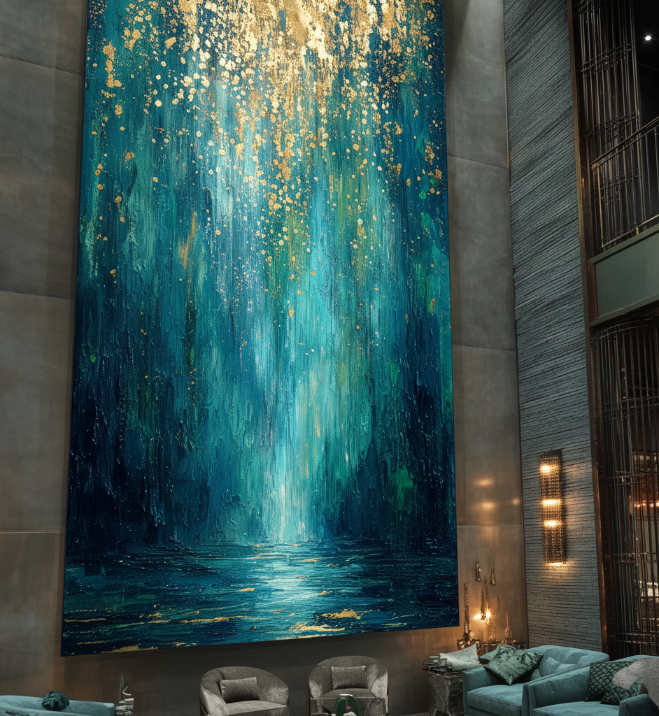 Large abstract painting with blue and gold colors in a modern interior setting.