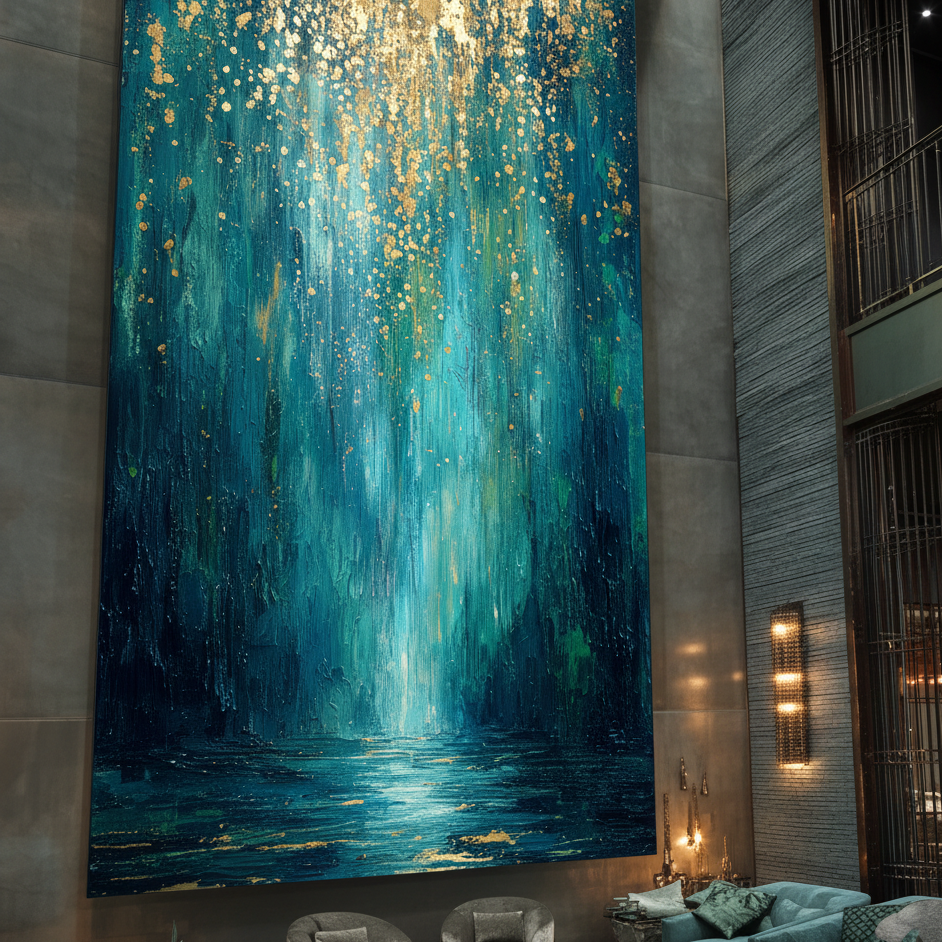 Large abstract painting with blue and gold colors in a modern interior setting.