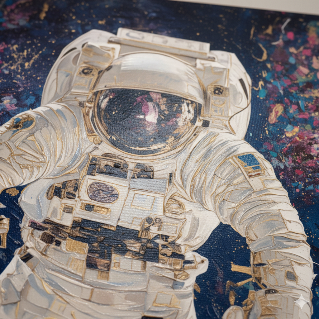 Illustration of an astronaut in a space suit against a starry space background