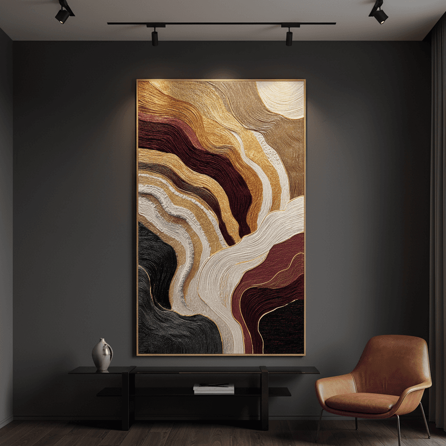 Abstract art piece on a dark wall with a brown chair and black console table.