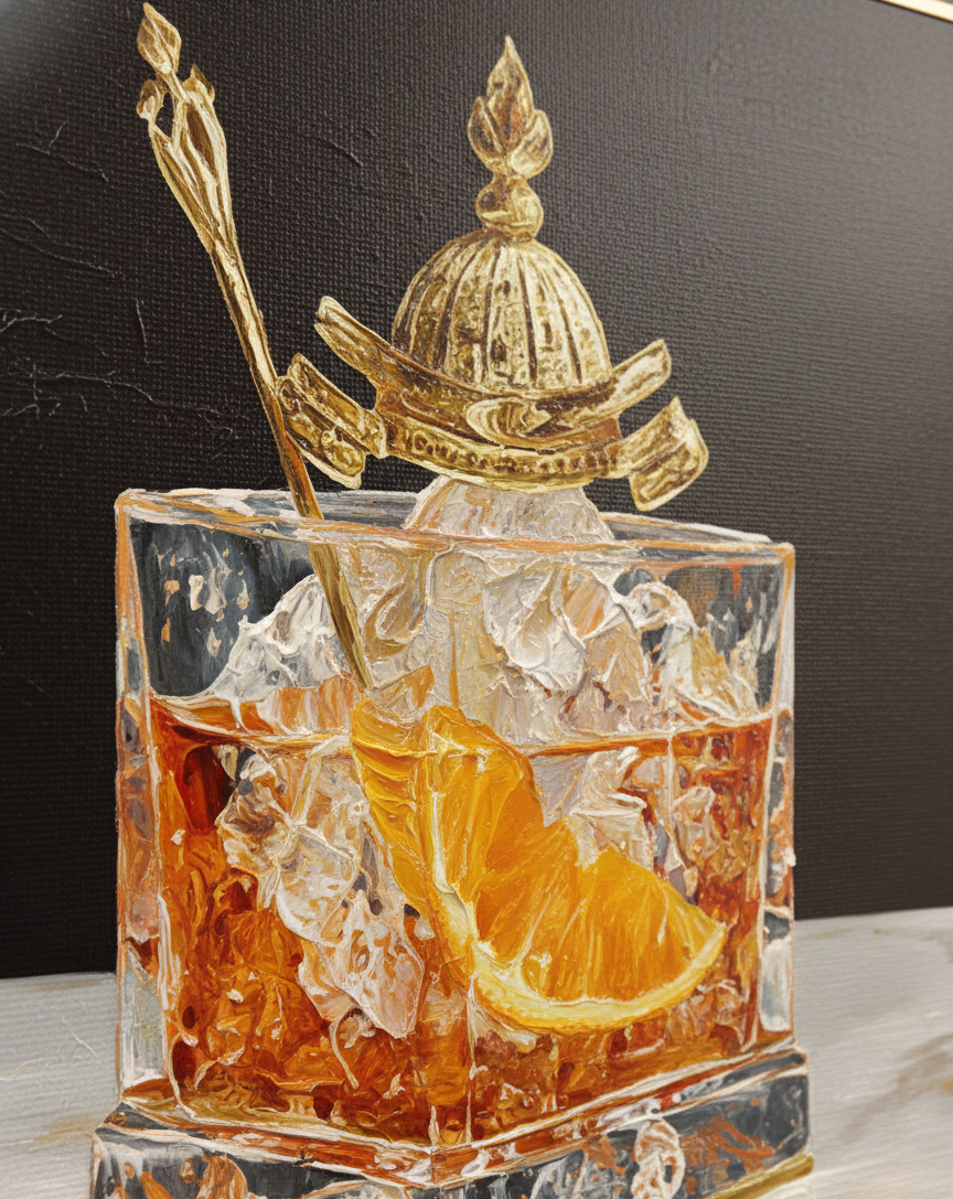 Decorative glass with a gold top, ice cubes, and orange slices on a dark background