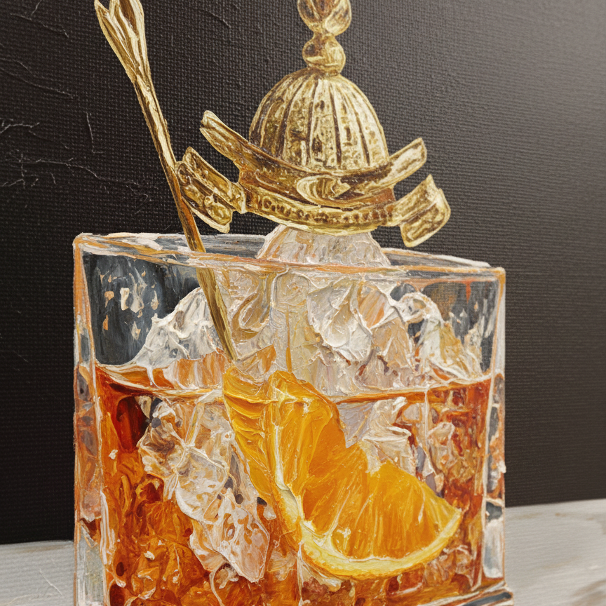 Decorative glass with a gold top, ice cubes, and orange slices on a dark background