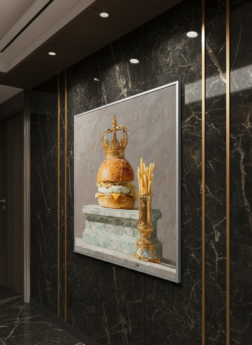 Framed artwork of a hamburger and fries on a marble pedestal against a dark marble wall.