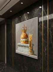 Framed artwork of a hamburger and fries on a marble pedestal against a dark marble wall.