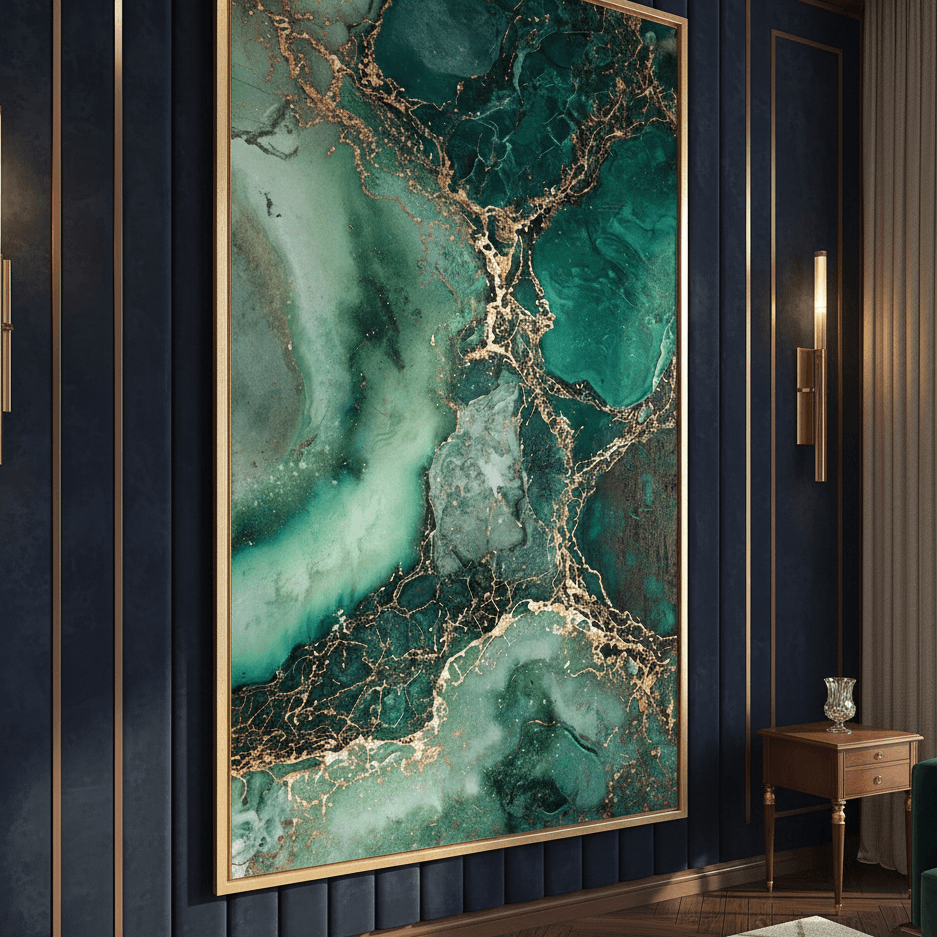 Marble-patterned artwork in a gold frame on a dark blue wall.