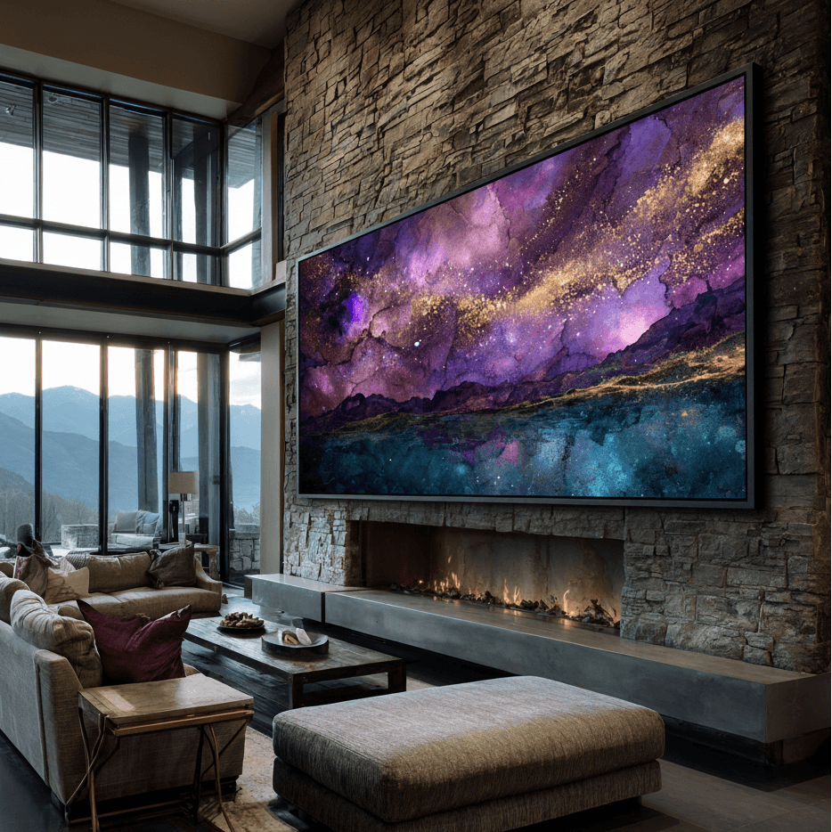 Modern living room with a large TV displaying a space scene, stone wall, and large windows.