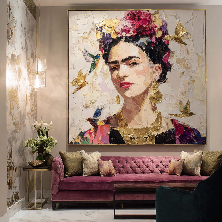 Decorative interior with a large painting of a woman with flowers on a wall above a pink sofa.