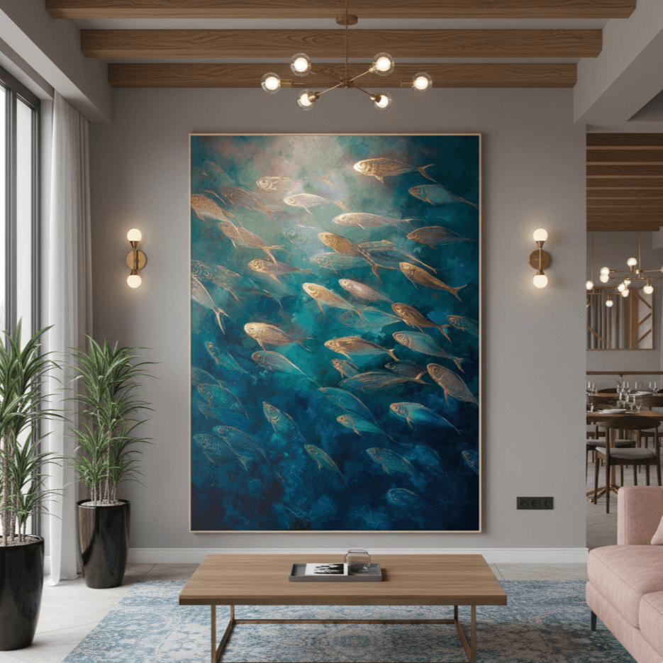Modern living room with a large abstract painting of fish, a wooden coffee table, and a pink sofa.