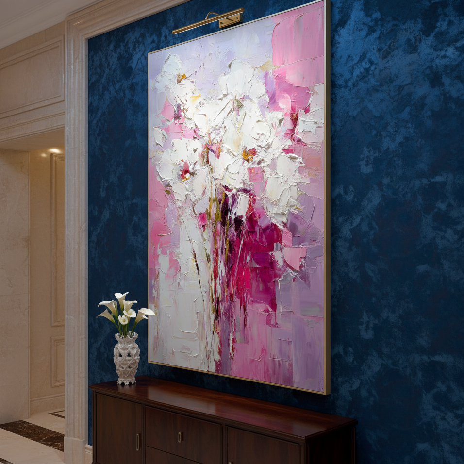 Abstract painting in a room with blue walls and a wooden cabinet.
