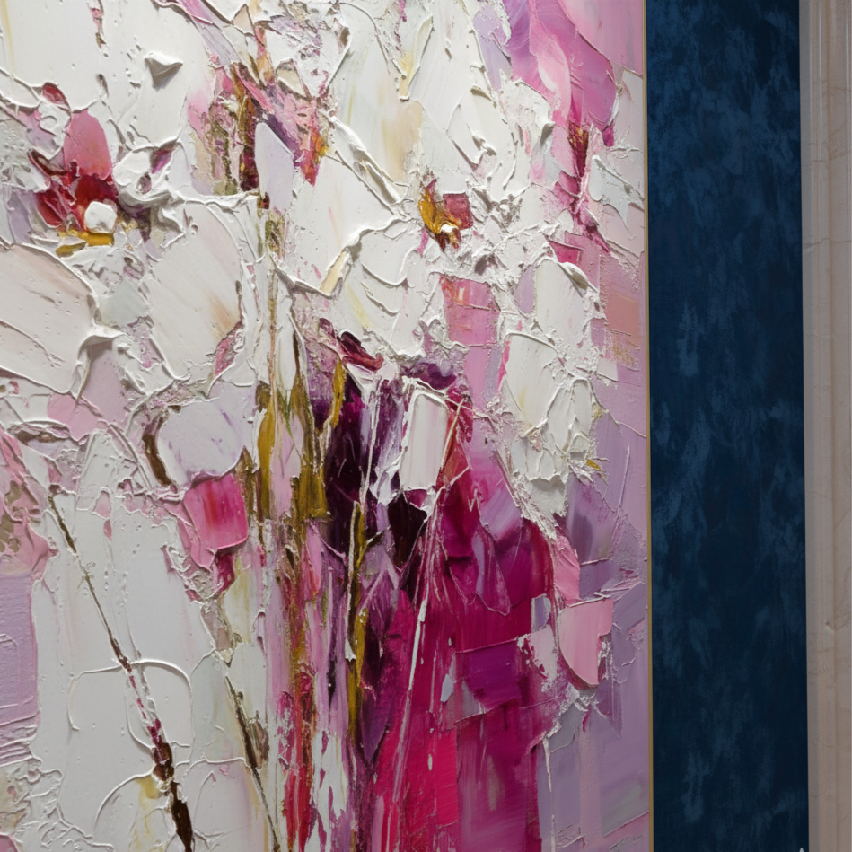 Abstract painting with pink, white, and purple hues on a textured surface.