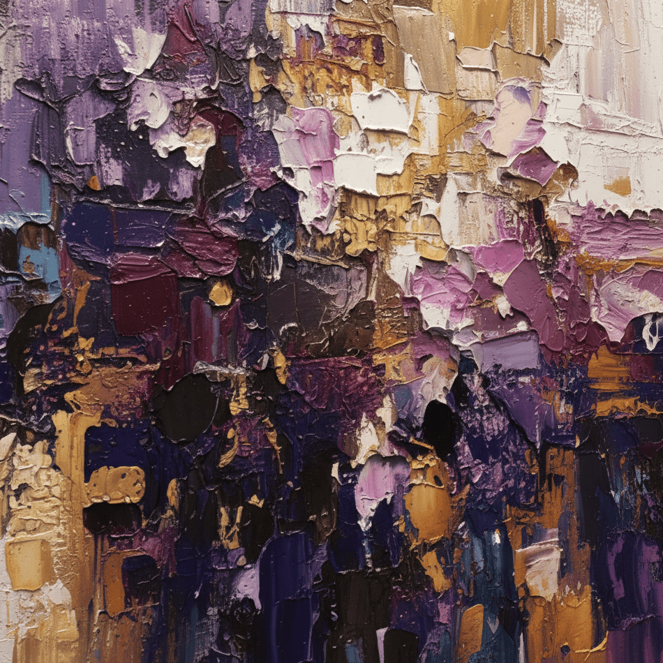 Abstract art with a mix of purple, gold, and black colors.