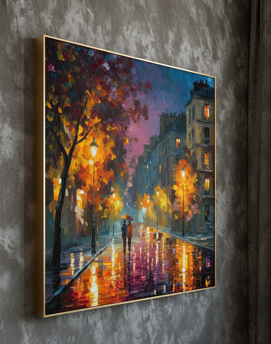 Framed painting of a city street at night with colorful lights and a person with an umbrella.