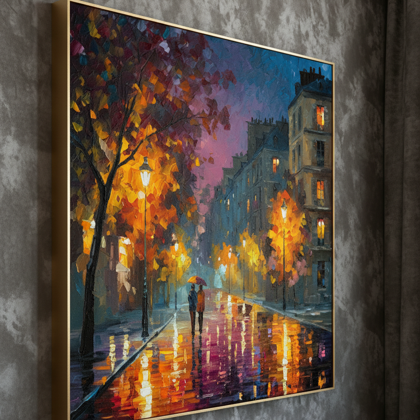 Framed painting of a city street at night with colorful lights and a person with an umbrella.