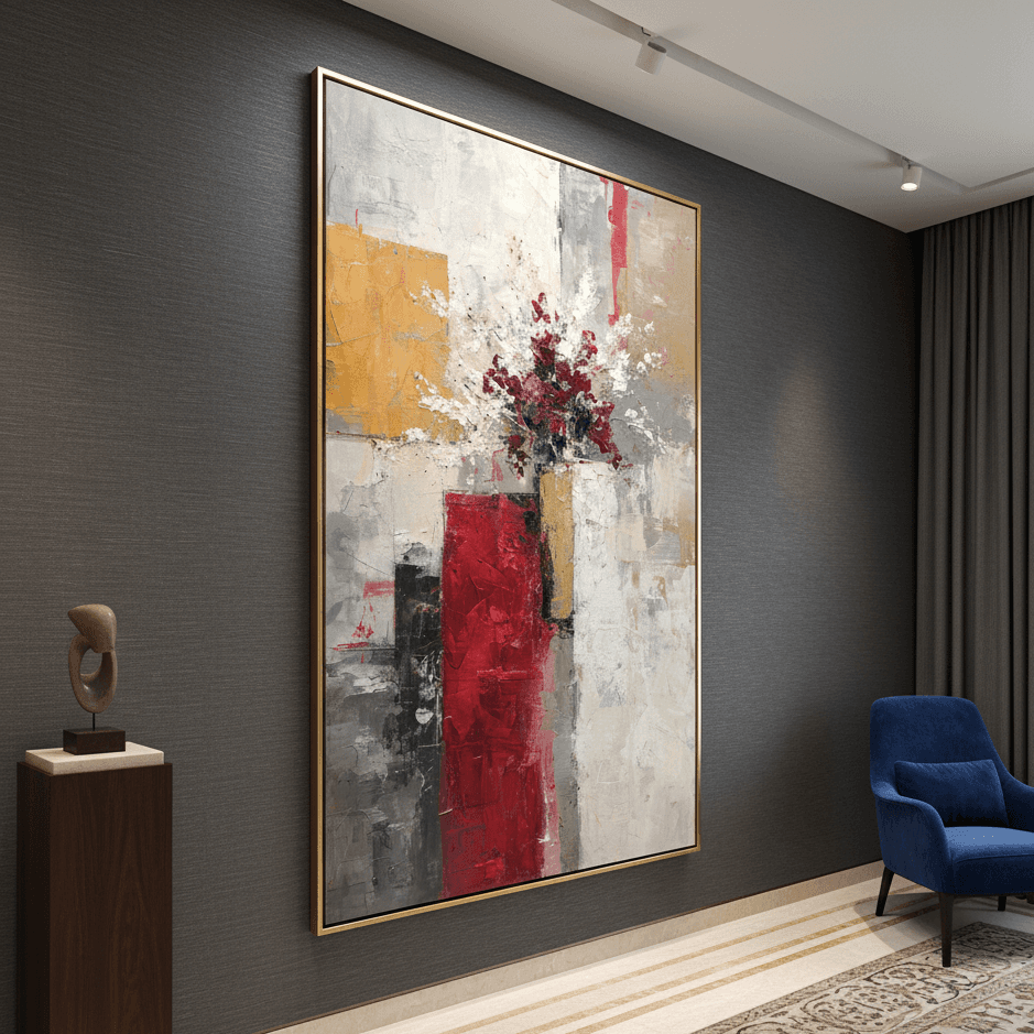 Modern interior with abstract painting on a gray wall, blue armchair, and decorative elements.