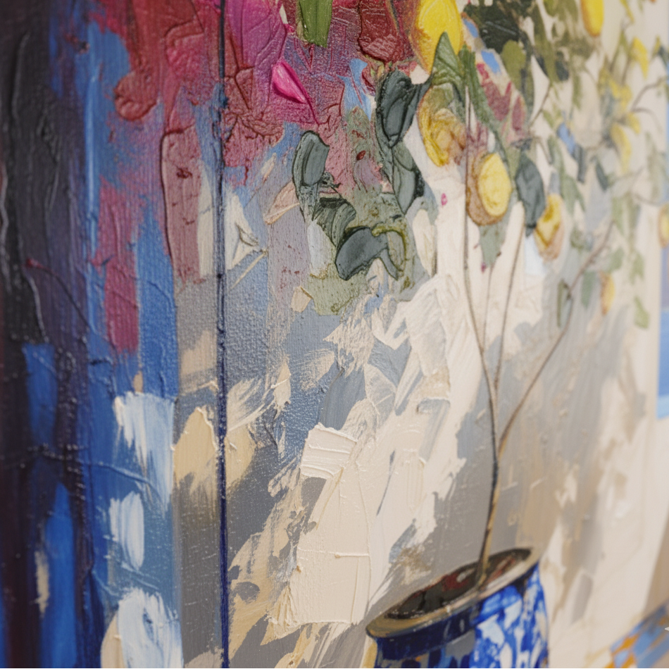 Close-up of a textured surface with floral patterns and a vase.