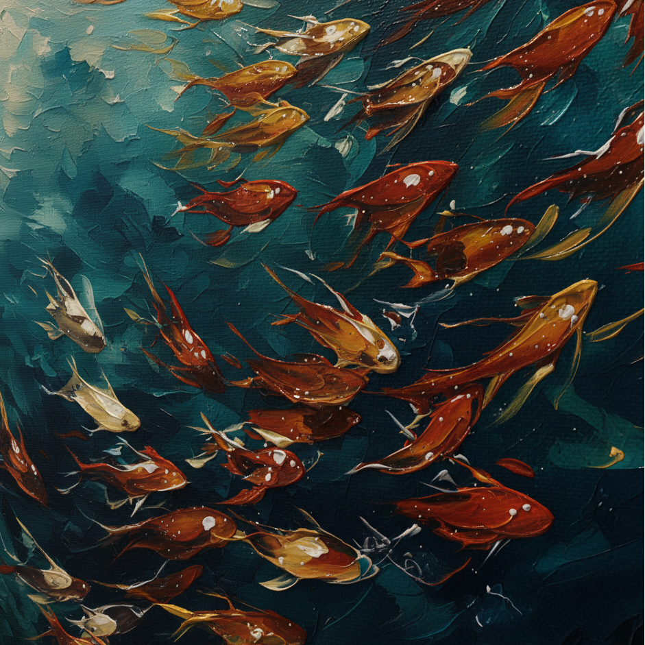 Artistic depiction of goldfish swimming in water with a focus on color and movement.
