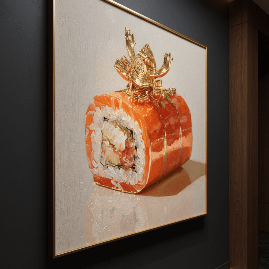 Framed artwork of a sushi roll with a gold topper on a dark wall.