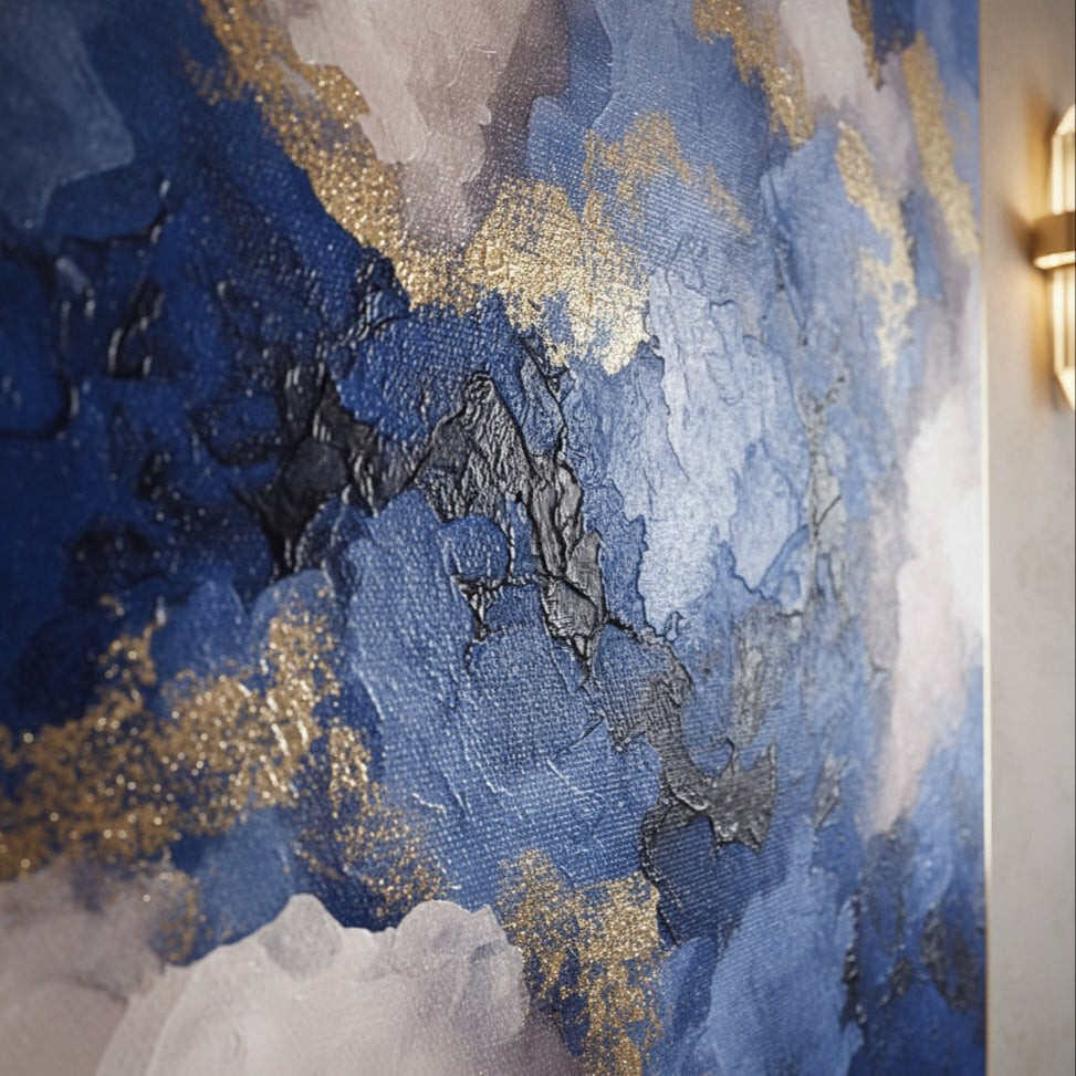 Abstract art piece with blue, gold, and gray colors on a textured surface.