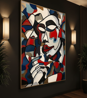 Abstract artwork of a face with bold colors on a dark wall.