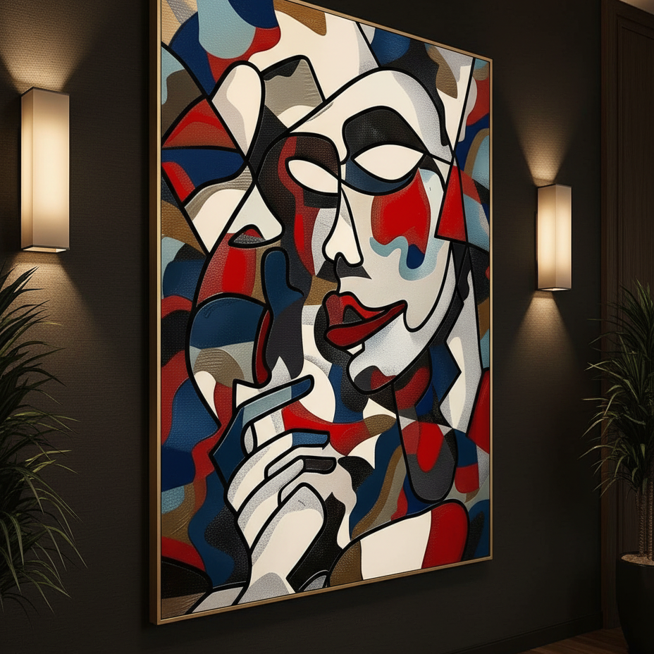 Abstract artwork of a face with bold colors on a dark wall.