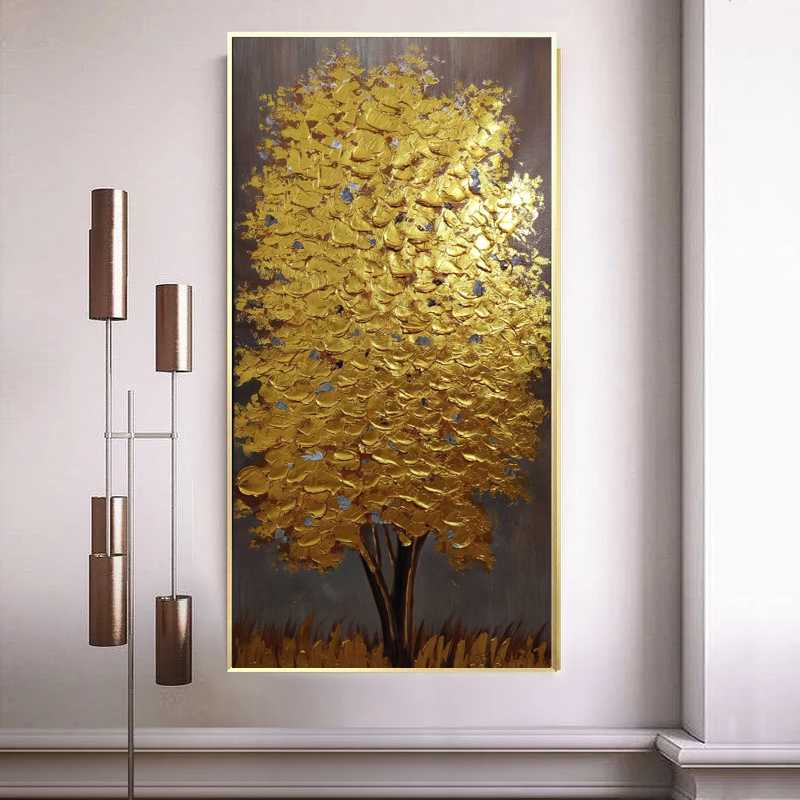 Thick Textured Gold Tree Oil Paintings Abstract Gold Wall Decor Handmade  Paintings 3D Palette Knife Canvas Wall Art for Living Room Elegant Bedroom